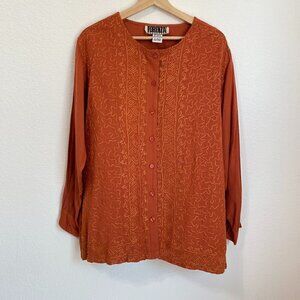 Forenza Orange Embroidered Button Up Top Blouse Shirt Women’s Size Large